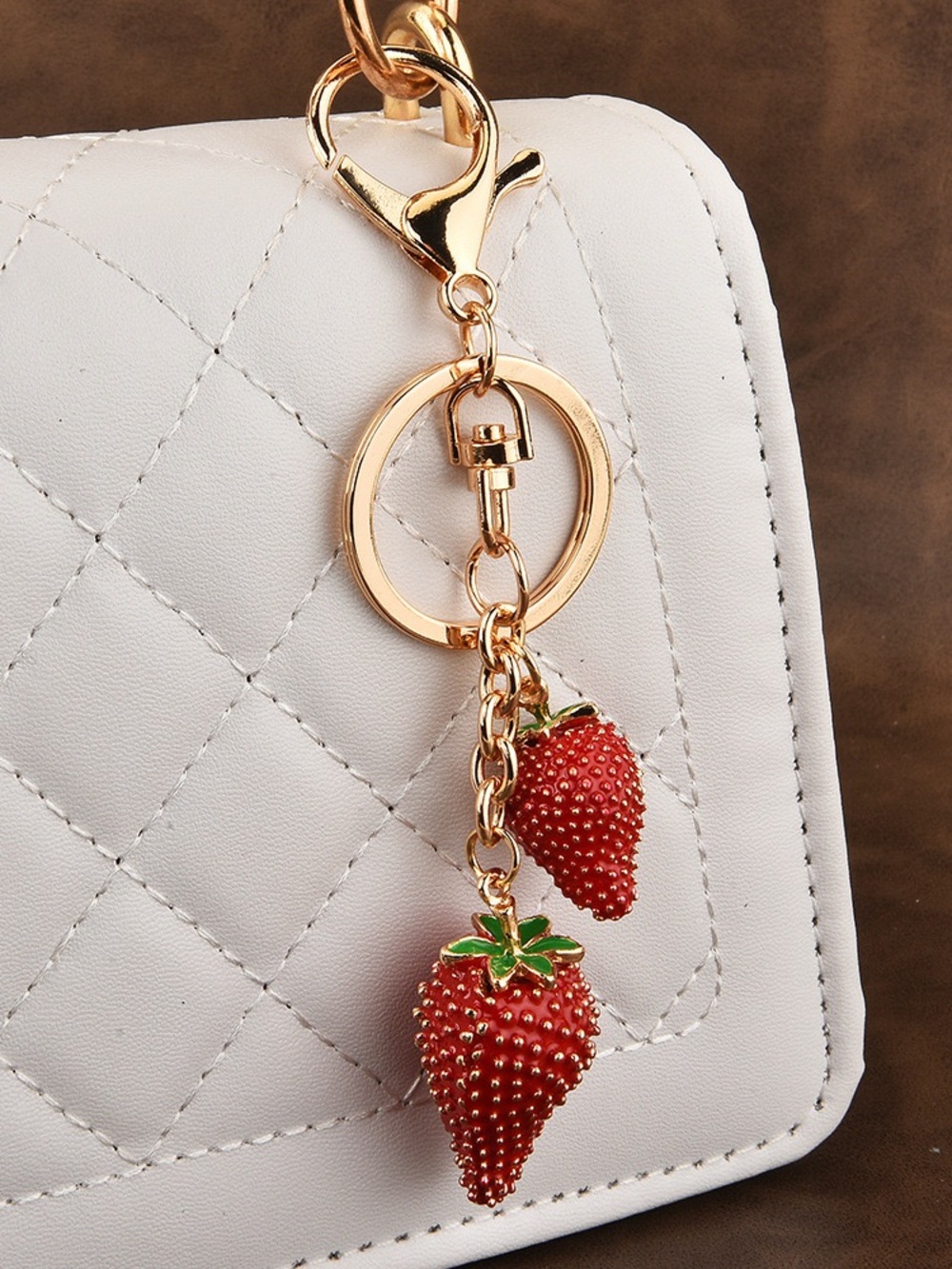 Red Strawberry Bag Charm Keychain Gold Tone Strawberry Purse Charm